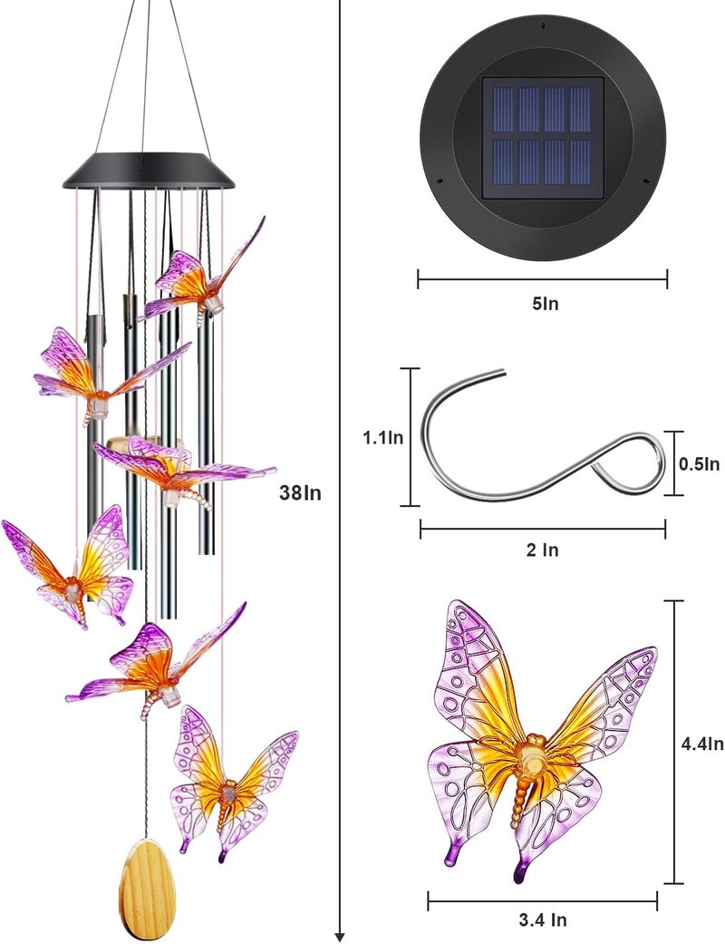 DesGully Butterfly Solar Wind Chimes with Aluminum Tubes - Color Changing Wind Chimes for Outside - Thanksgiving Gift - Image 5